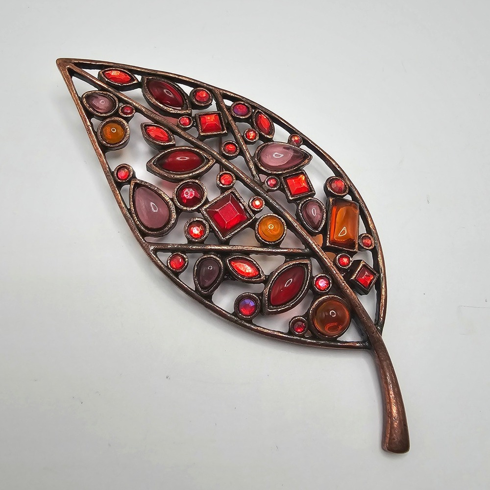 Vtg Leaf‎ Brooch Pin Red Orange Copper Tone Rhinestone Autumn Fall Statement